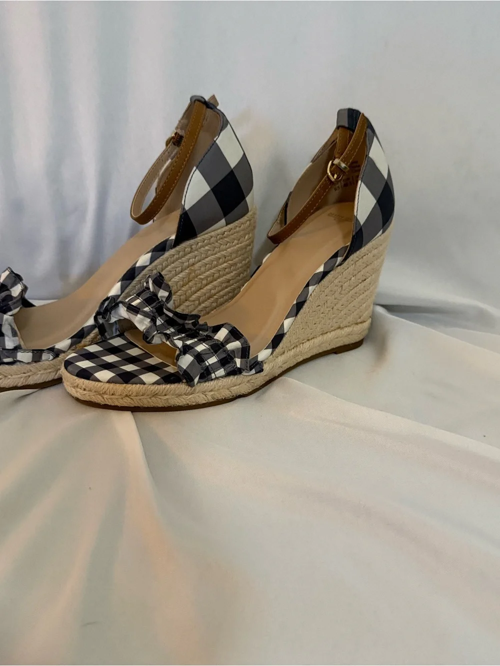 Draper James Blue and White Gingham Espadrille Wedge Sandals